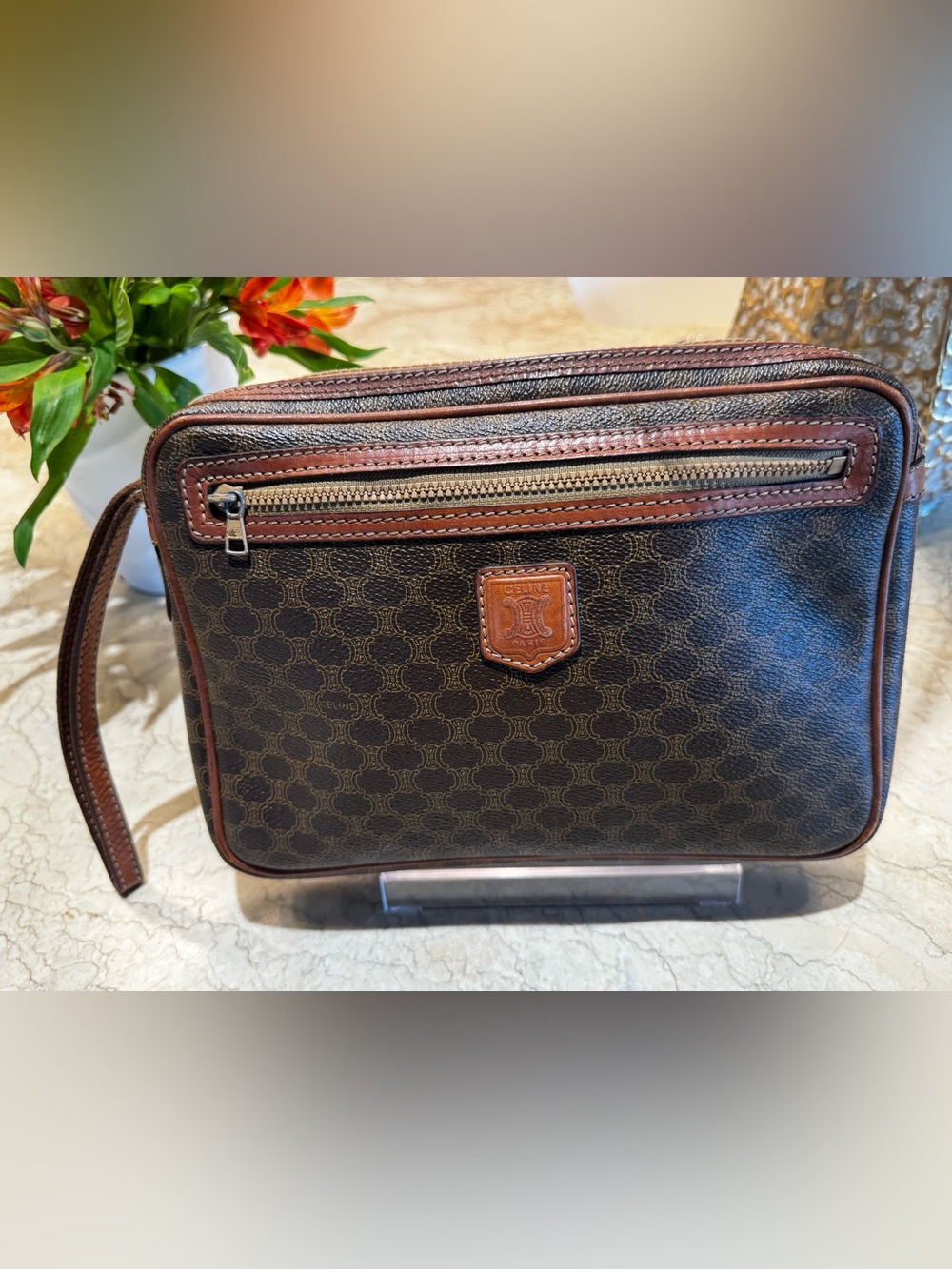 Celine Vintage Macadam Triomphe wristlet clutch bag. GUC/COA